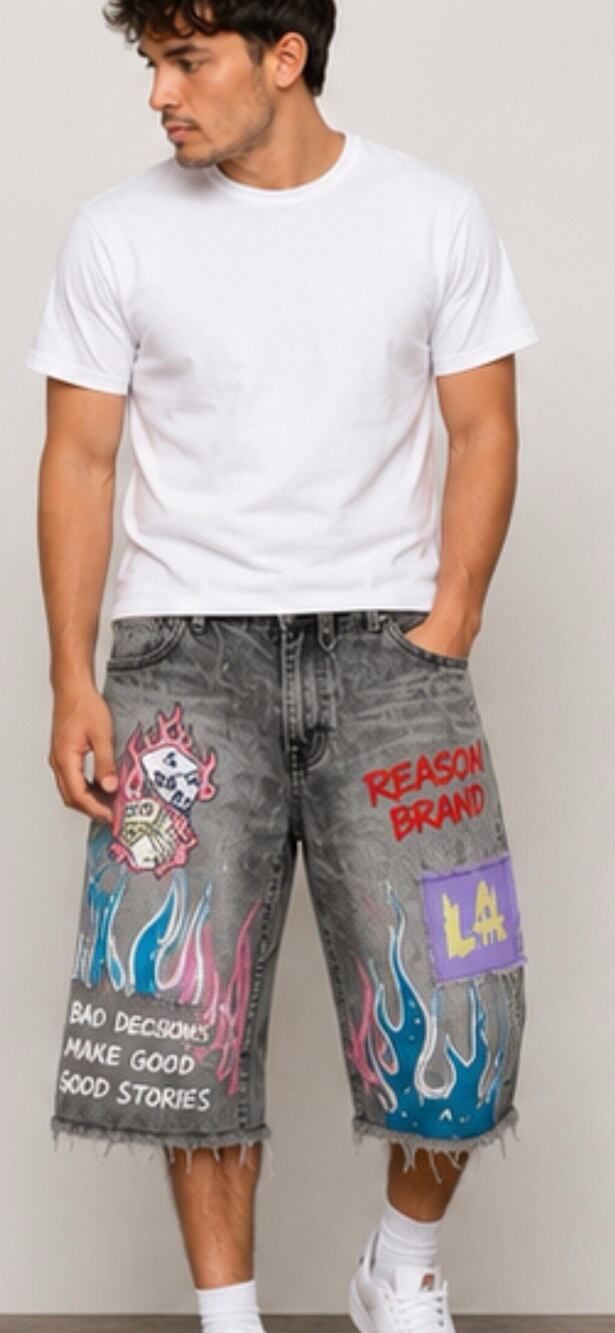 Smoke Rise Men’s 36 Graphic Distressed Denim Shorts Gray Streetwear Painted